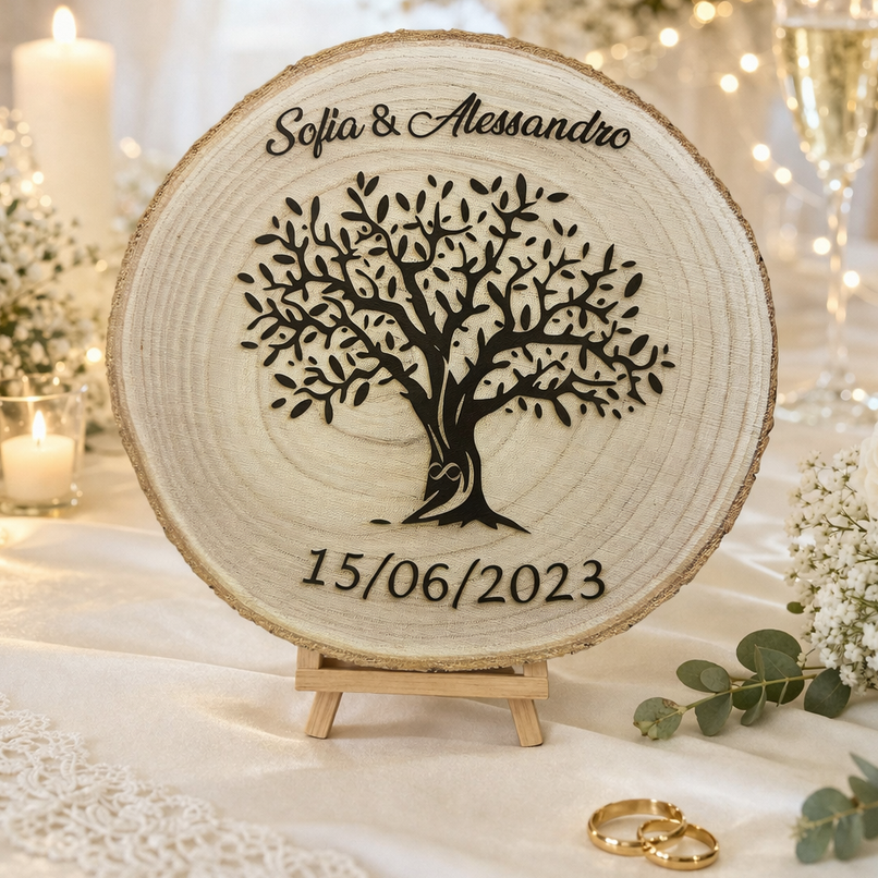 Il Disco dei Ricordi™ – segnaposto/segnatavolo sposi in legno naturale Personalizzato