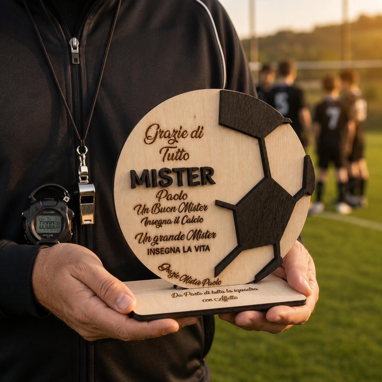 Targa Artigianale in Legno a Forma di Pallone di Calcio con Dedica