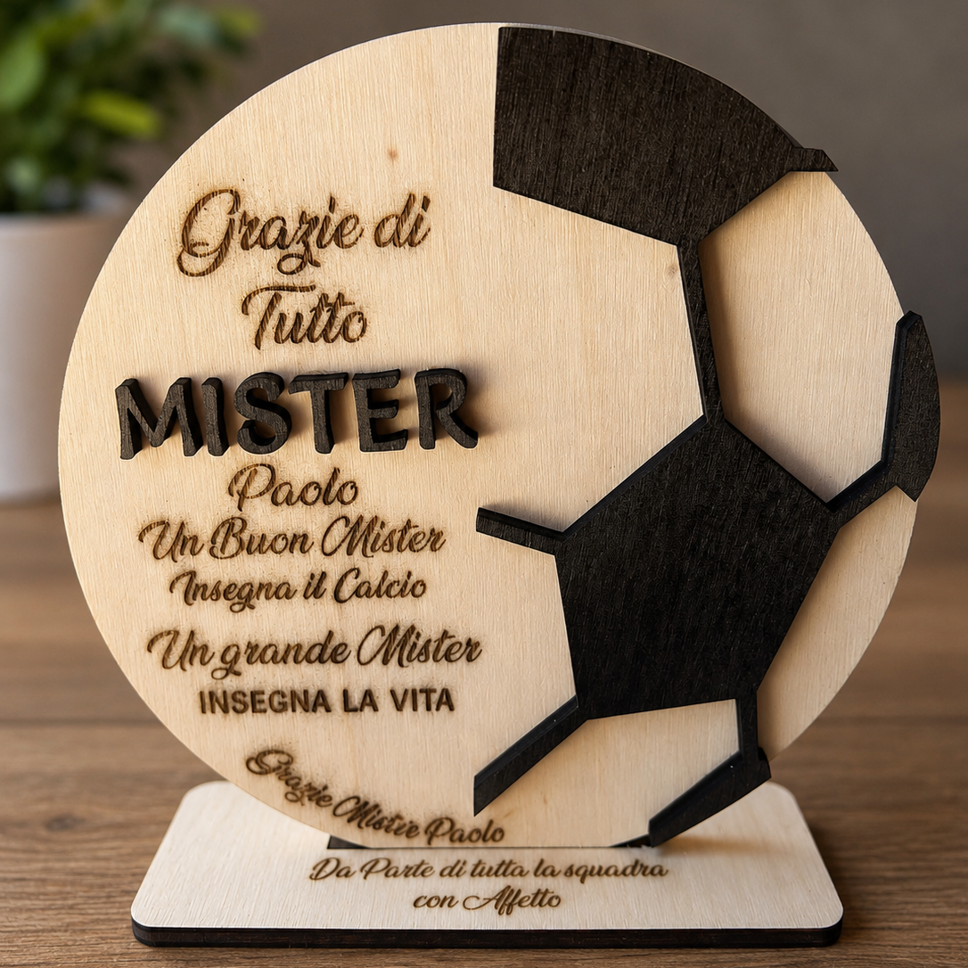 Targa Artigianale in Legno a Forma di Pallone di Calcio con Dedica