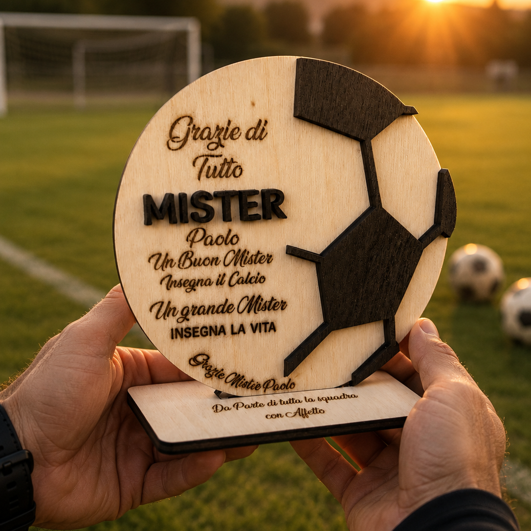 Targa Artigianale in Legno a Forma di Pallone di Calcio con Dedica