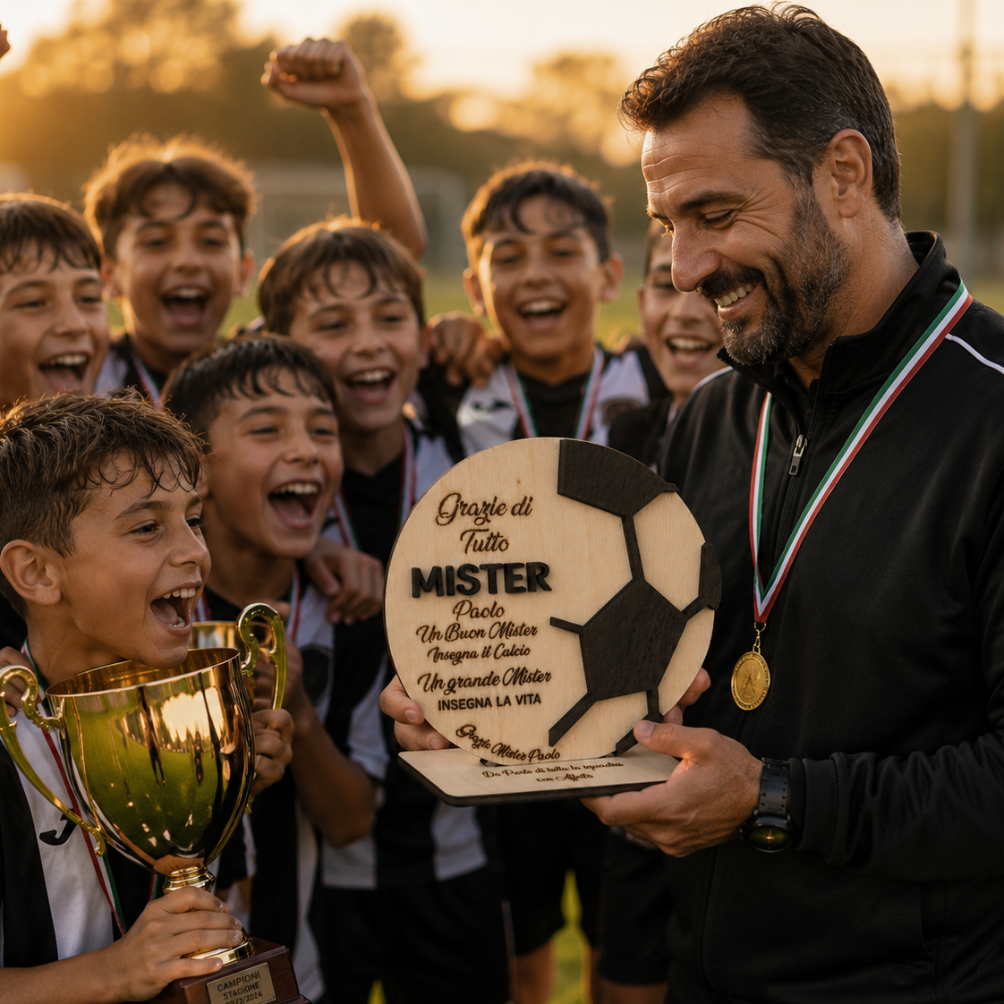 Targa Artigianale in Legno a Forma di Pallone di Calcio con Dedica